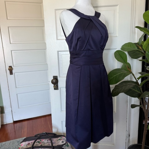 David's Bridal Plum Pleated Midi Dress with Pockets - Picture 2 of 8